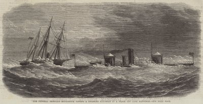 Federal Zırhlı Monadnock, Hatteras Burnu açıklarında bir Fırtınada Engelli Bir Silahlı Tekneyi çekiyor (gravür) by English School