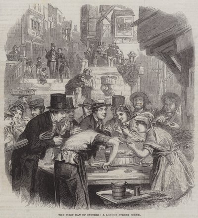 İstiridyelerin İlk Günü, Londra Sokak Manzarası (gravür) by English School