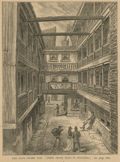 The Four Swans Inn, yıkımından kısa bir süre önce çekilmiş. by English School