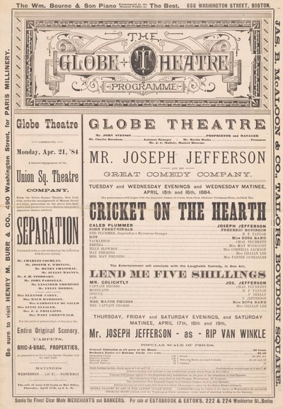 The Globe Theatre Programı, 21 Nisan 1884 by English School