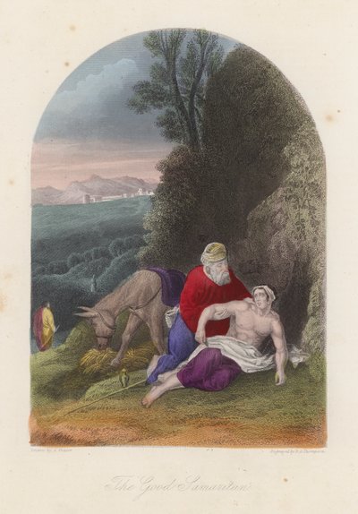 İyi Samaritan (renkli gravür) by English School