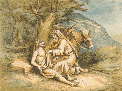 The Good Samaritan (renkli gravür) by English School