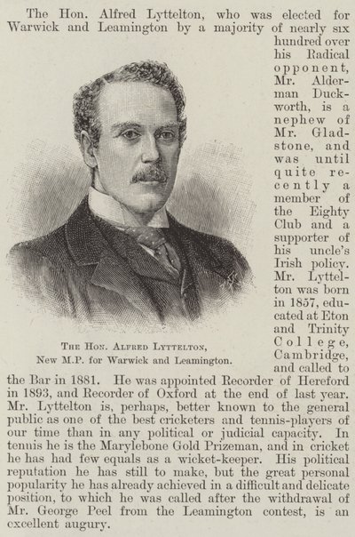 Saygıdeğer Alfred Lyttelton, Warwick ve Leamington için Yeni Milletvekili (gravür) by English School