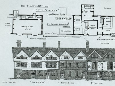 The Hostelry and The Stores, Bedford Park, Chiswick, The Building News, 1877 by English School