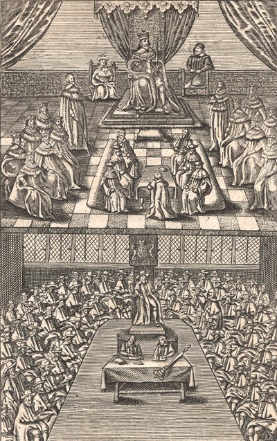 Lordlar Kamarası ve Avam Kamarası, Kral I. Charles, c.1640 (renkli gravür) by English School