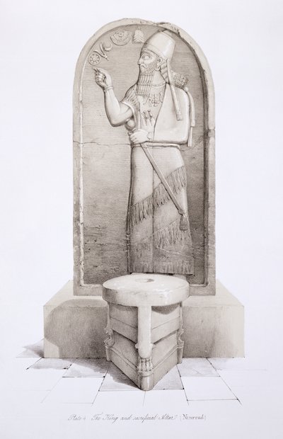 Kral ve Kurban Sunağı, Nimrud, Nineveh'ten levha 4 ve Kalıntıları Austen Henry Layard (1817-94) tarafından 1849'da yayınlandı by English School