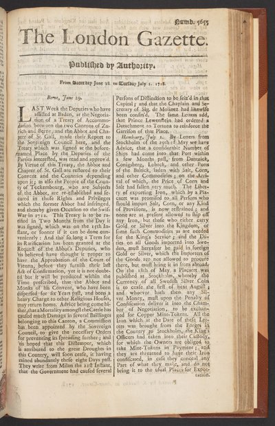 The London Gazette, sayı 5655, sayfa 1, 28 Haziran 1718 (baskı) by English School