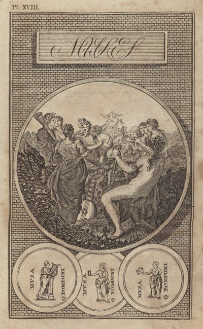 İlham perileri, antik Yunan ve Roma edebiyat, bilim ve sanat tanrıçaları (gravür) by English School