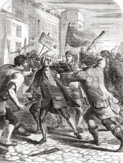 1780 Gordon İsyanları sırasında Westminster, Londra İngiltere'deki Palace Yard'da Parlamento üyelerine saldıran "Papalık Olmayan" isyancılar. by English School