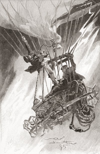 Sıcak Hava Balonundaki Tehlikeler. Zor durumda ve düşmek üzere olan bir balon. The Strand Magazine'den, 1896'da yayınlandı (litho) by English School