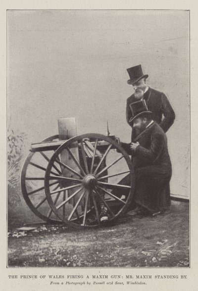 Galler Prensi bir Maxim Gun ateşliyor, Bay Maxim bekliyor (gravür) by English School