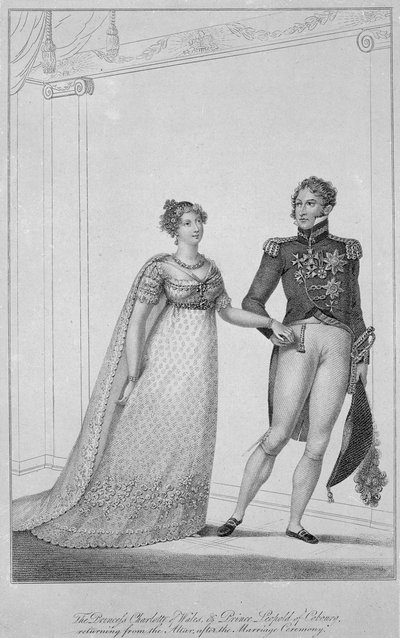 Galler Prensesi Charlotte ve Cobourg Prensi Leopold, Evlilik Töreninden sonra sunaktan dönerken, 1816 by English School