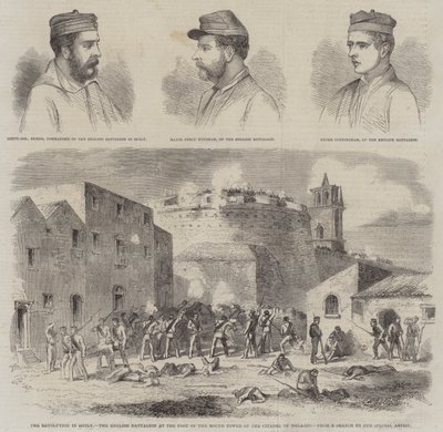 The Revolution in Sicily, the English Battalion at the Foot of the Round Tower of the Citadel of Melazzo (engraving) by English School