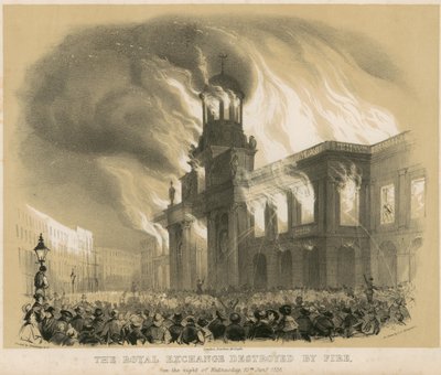 Royal Exchange, Londra, 10 Ocak 1838 gecesi yangınla yok edildi. by English School