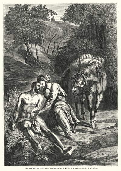 Samaritan ve Yol Kenarındaki Yaralı Adam, Luke X, 30-35 (gravür) by English School