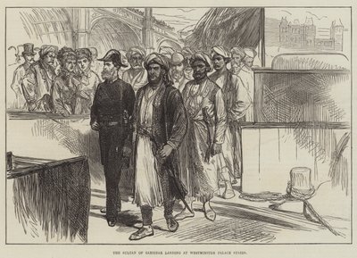 Zanzibar Sultanı Westminster Sarayı Merdivenlerine iniyor (gravür) by English School