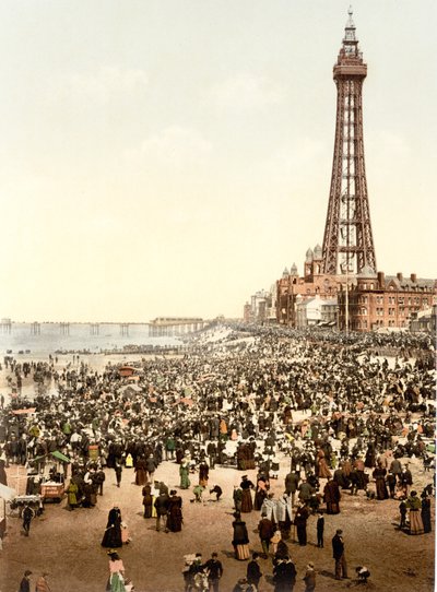 Kule ve plaj, Blackpool (el boyaması fotoğraf) by English School
