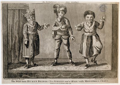 Vahşi Doğan İnsanlar (İki Dişi ve Bir Erkek), Haymarket'te Sergilendiği Gibi Canavar Sürüngenlere Sahip, Carington Bowles için basılmış, 1787 by English School