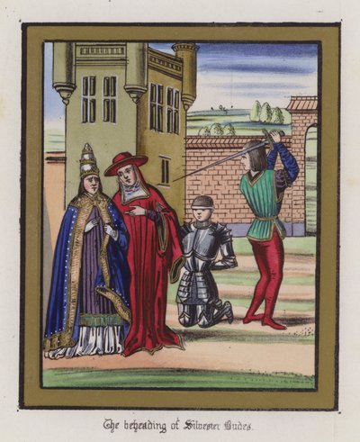 Sir Silvester Budes'in kafasının kesilmesi (renkli gravür) by English School