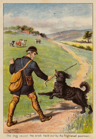 Köpek, korkmuş postacının uzattığı sopayı yakaladı (renkli taş baskı) by English School
