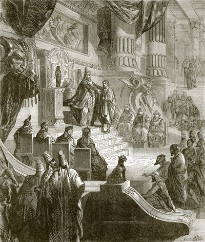 The king of Babylon receiving Jehoiachin after his release from prison by English School