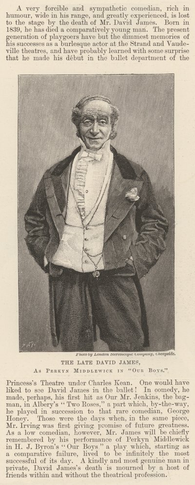Merhum David James, "Our Boys"da Perkyn Middlewick rolünde (gravür) by English School