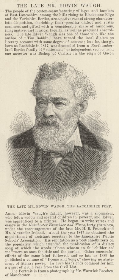 Merhum Bay Edwin Waugh, Lancashire Şairi (gravür) by English School