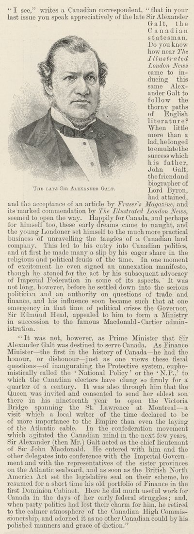 Merhum Sir Alexander Galt (gravür) by English School