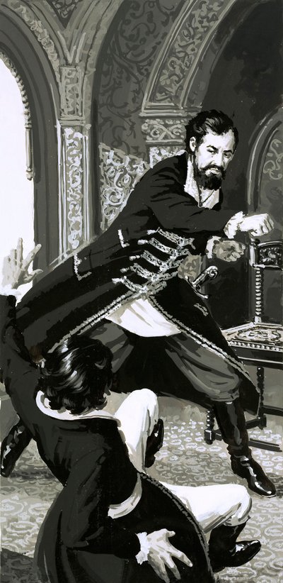Öfkeli Prens Adam, uşağının yüzüne sert bir tokat attı (kağıt üzerinde guaj boya) by English School