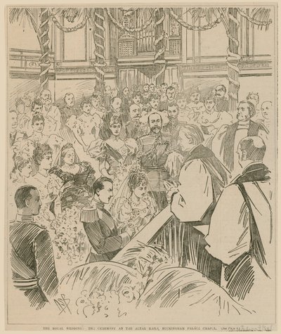 Kraliyet düğünü, sunak raylarındaki tören, Buckingham Sarayı Şapeli, 23 Temmuz 1896 by English School