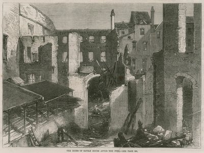 Yangından sonra Savile House, Leicester Square, Londra kalıntıları by English School