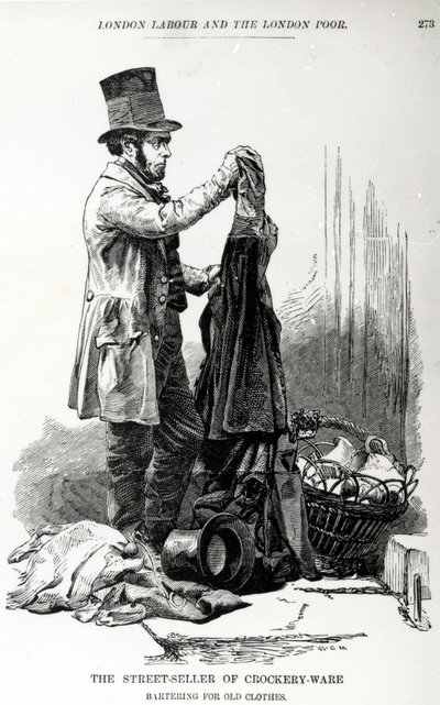 Eski giysilerle takas edilen çanak çömlek satan sokak satıcısı, 1840 dolayları by English School