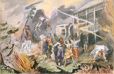 Aynı gece her yer havaya uçtu, c.1880 (kağıt üzerinde wc ile kalem ve mürekkep) by English School