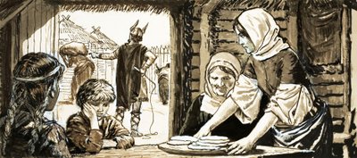 Linby'nin kadınları yassı kek pişiriyor (kağıt üzerinde guaj) by English School