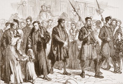 Thomas Bilney kazığa giderken, James Aitken Wylie'nin (1808-1890) 'Protestanlığın Tarihi'nden bir çizim, pub. 1878 (gravür) by English School