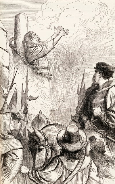 Thomas Hawkes, Marian Zulümleri sırasında kazıkta yakıldı, 1865 dolayları (ahşap gravür) by English School