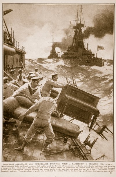 Bir Savaş Gemisi Harekete Geçtiğinde Tüm Yanıcı Lüks Eşyaları Denize Atmak, 1914-19 by English School