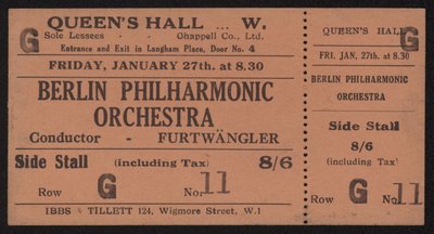 Berlin Filarmoni Orkestrası, Queens Hall, Londra konserine bilet 27 Ocak 1928 Cuma by English School
