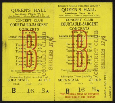 Courtauld-Sargent konserlerine bilet, Queens Hall, Langham Place, Londra, 1939-1940 by English School