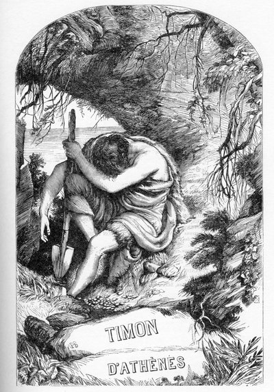 Atinalı Timon (Atinalı Tymon'ın Hayatı) - “” William Shakespeare'i Tamamlıyor”” da İllüstrasyon 1866 - Bu baskının çizimleri ve genel biçimi, Londra'da yayınlanan Cassell'in resimli Shakespeare'inden ödünç alınmıştır. by English School