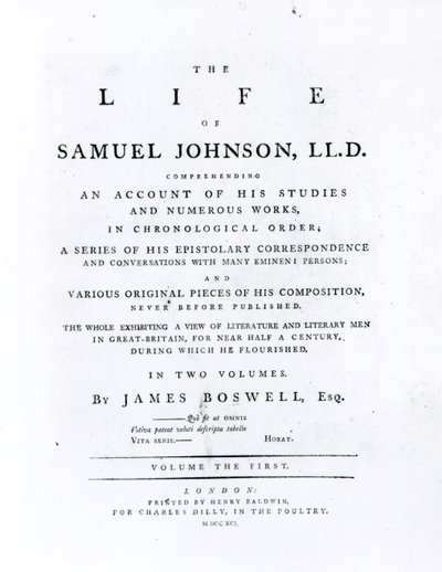 Başlık sayfası, James Boswell (1740-1795) tarafından yazılan The Life of Samuel Johnson