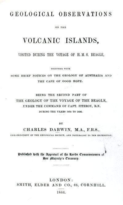 Charles Darwin, 1844 (basılı kağıt) tarafından Volkanik Adalarda Jeolojik Gözlemler başlığı sayfası by English School