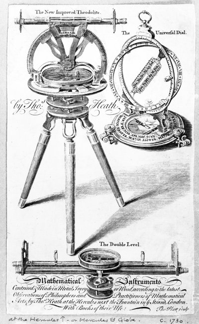 Matematiksel Enstrümanlar üreticisi Thomas Heath için Ticaret Kartı, Thomas Platt tarafından yapılan baskı, c.1730 by English School