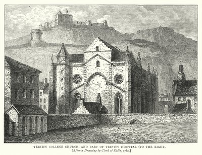 Sağda Trinity College Kilisesi ve Trinity Hastanesinin Bir Parçası (gravür) by English School