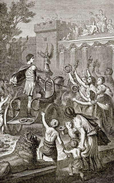 Bir Olimpiyat galipinin zaferle dönüşü, Ward Lock tarafından yayınlanan The Illustrated History of the World'den bir çizim, c.1880 by English School