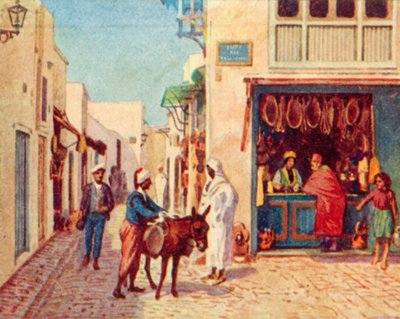 Tunus, Arap Şehrindeki Sokak (renkli taş baskı) by English School