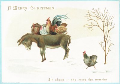 Hindi ve tavuk eşeklerin üzerinde oturuyor, Noel kartı by English School