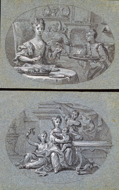 İki Ev Manzarası, c.1725 (mavi kağıt üzerine siyah beyaz tebeşir) by English School