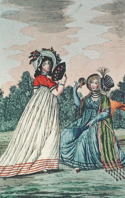 Bir Bahçede İki Şık Hanım, 1800 dolayları (renkli gravür) by English School