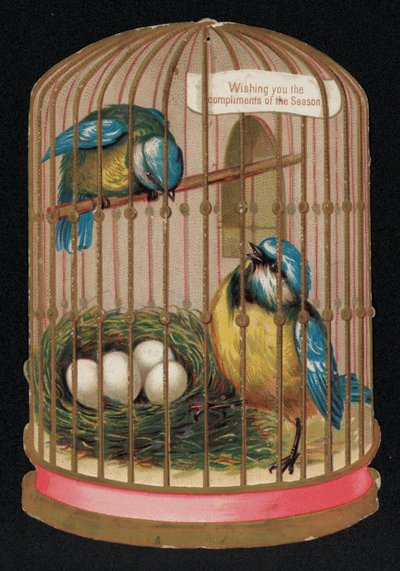 Bir kafeste iki mavi göğüs, Noel tebrik kartı (chromolitho) by English School
